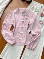 Women's Retro Stand Collar Frog Button Long Sleeve Top – Loose Fit Large rožinė