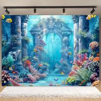 2D Ocean Coral Reef Backdrop, Underwater Temple & Fish Scene for Underwater Themed Party 82.7x59inch/210*150cm