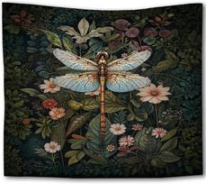 Foritho Dark Green Dragonfly Floral Botanical Tapestry, Vintage William Morris Dragonfly Tapestry Wall Hanging, Cottagec 79×59inch/200*150cm gray