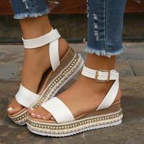 Spring Summer Women Large Hemp Bottom Thick Sole Sandals Buckle Wedge Heel Fish Mouth Comfortable Casual Beach Shoes 38 balta
