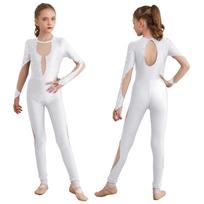 Vaikų mergaičių dailiojo čiuožimo gimnastikos šokių pasirodymo kostiumo kombinezonas ilgomis rankovėmis Unitard Bodysuit 13-14 Years balta