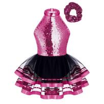 Girls Halter Sleeveless Backless Sparkling Sequins Decorated Tutu Dress Hair Tie Headwear Set 15-16 Years violetinė