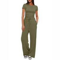 Summer Solid Loose Casual Tracksuit Women's Two Pieces Set O Neck Short Sleeves T-shirts and Wide Leg Pants Sets Sportswear Set XS žalia