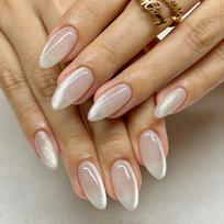 Gentle Moonlight Silver Fine Glitter Manicure Cat Eye Gradient Wearable Nails Medium Almond Pointed False Nails Manicure 24 Pieces