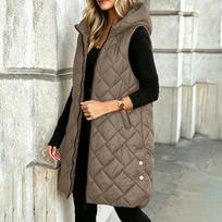 Women's Casual Mid-Length Hooded Sleeveless Cotton Vest Jacket for Fall and Winter Wear XL kava