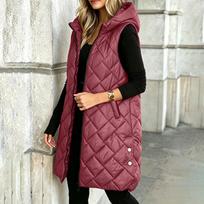 Women's Casual Mid-Length Hooded Sleeveless Cotton Vest Jacket for Fall and Winter Wear XL raudona