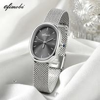 Oval Dial Women's Quartz Watch Premium Milanese Mesh Strap Sunburst Dial 30M Waterproof Elegant Wristwatch gray