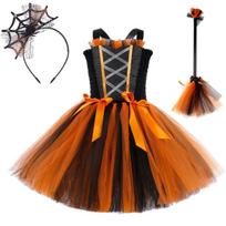 Halloween Spider Witch Tutu Set, Black Sequined Mesh Fluffy Girls Horror Party Costume M(3-4Y) orange