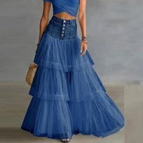 Elegantiški Džinsinio Lopo Tinklelio Maxi Sijonai Aukštas Juosmuo Mygtuko Kišenė Daugiasluoksnis Ruffles Tinklinis Sraunus Sijonas Moterims Rudens Laisvalaikio Sijonai S mėlyna