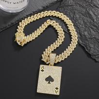 New Hip-hop Personality Diamond-encrusted Playing Card Pendant Necklace Pendant Street Rap Punk Cuban Chain beige
