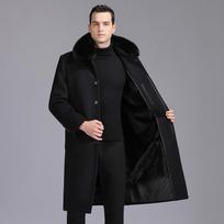 Men's Detachable Woolen Over-the-Knee Coat with Real Fur Collar and Fleece Lining. 195/108A black