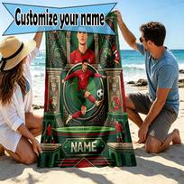 Custom Name Personalized Cristiano Ronaldo Print Beach Towel, for Trip Camping Beach Party Home Decor, Birthday Gift for Family & Friends 70cmx140cm(27x55inch)
