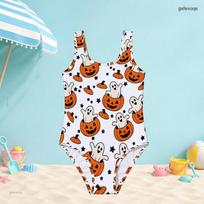 Girls White Sleeveless Scoop Neck Wide Strap One Piece Swimsuit Halloween Printed 170 white