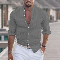 Vyriški marškiniai Vyriški madingi medvilniniai ir lininiai marškinėliai su dryžuotais raštais Laisvi marškinėliai ilgomis rankovėmis XL pilka