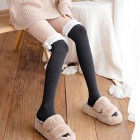 Over Above Knee Socks Long Thigh High Womens Stockings Warm Winter Ladies Girls Black Knitting Cotton Socks Thick Fur Ball One Size black