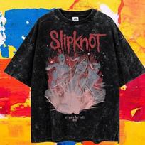 Vintage Washed Slipknot Album Poster Print T-Shirt, World Tour Merch, Unisex Harajuku Street Style Loose Women Men T-shirts 3XL gray