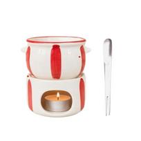 Chocolate and Cheese Fondue Pot with Smooth Pottery Bowl for Fruit, Cookie and Bread Dipping during Shared Meals white