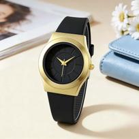 Women Minimalist Quartz Watch Soft Silicone Strap Gold Alloy Case Simple Line Dial Casual Ladies Watches beige