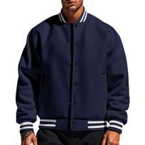 Men's Retro Baseball Jacket Loose Fit Stand Collar Casual Single-Breasted Button Closure L tamsiai mėlyna