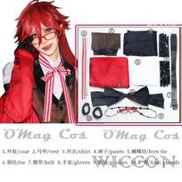 Juodasis Dvarininkas Grell Sutcliff Michaelis Cosplay Kostiumas Perukas Uniformos Anime Cosplay Helovino Šventė Unisex Fancy Raudonas Kostiumas Akiniai XXXL raudona