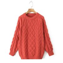 Women's Casual Retro Cable Knit Long Sleeve Sweater - European & American Style Small oranžinė
