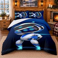 Astro Bot Pattern Bedding 3Pcs Set Bed Sheet And Pillowcases For Indoor Bedroom 135cmx200cm blue