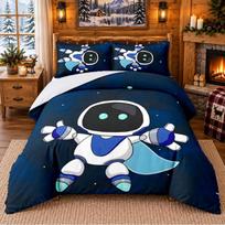 Astro Bot Pattern Bedding 3Pcs Set Bed Sheet And Pillowcases For Indoor Bedroom 135cmx200cm