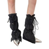 Women Punk Baggy Loose Leg Warmers Gaiters with Drawstring Harajuku Cargo Foot Cover Flared Footless Socks Streetwear juoda