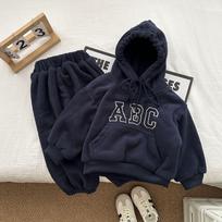 Kids Warm Clothing Set Autumn Winter Boys Girls Fleece Suit Letter Hoodies Pants 2Pcs Casual Outfits Children Tracksuits 130 tamsiai mėlyna spalva