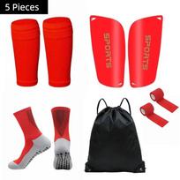 New Football Kit with Shin Guard Sleeves Non‑Slip Soccer Socks Shin Pads Athletic Tape Drawstring Carry Bag for Players 1 4-WT2-Set-Red red