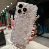 Pink Love Bow Phone Case For IPhone 16 16E 15 14 13 12 11 Pro Max For Iphone 16E XR XS 7 8 Plus Soft TPU Anti Drop Clear Cover For iphone XR gray