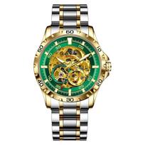 Skeleton Design Men's Automatic Mechanical Watches Luxury Steel Band Luminous Waterproof Men Wristwatch žalia