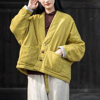 2026 Winter New Women's Retro Frog Button Quilted Cotton Linen Jacket One Size brown