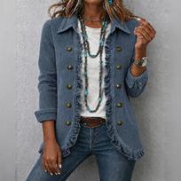 Women's Corduroy Cropped Jacket with Ruffle Hem, Lapel Collar and Double-Breasted Design XL mėlyna