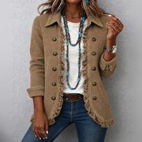 Women's Corduroy Cropped Jacket with Ruffle Hem, Lapel Collar and Double-Breasted Design L chaki