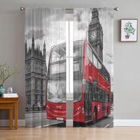 London Street Red Bus Big Ben Sheer Curtains for Living Room Decoration Window Curtains for Kitchen Tulle Voile Organza Curtains (As shown-3451)-W135 x H137cm x1 gray