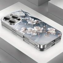 Stilingas baltas gėlių rašto galvanizuotas grūdintas stiklas telefono dėklas, skirtas iPhone 17 16 15 14 13 12 11 Pro Max Plus 16E 17 Air TPU dangtelis iPhone17 Pro gray