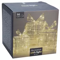 Kalėdinės šviečiančios dovanų dėžutės su 90 LED, skaidrios, 13–18 cm, 3 vnt.