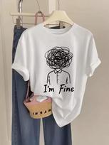 “Im Fine  Graphic Printed Women's T-shirt Casual Short Sleeve Crew Neck Top Line Art Summer Harajuku Streetwear Women's Clothing S white