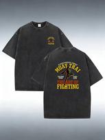 Muay Thai Fighting Culture Heavyweight T-shirt Vintage Washed Double Sided Round Neck Loose Tee 2XL black