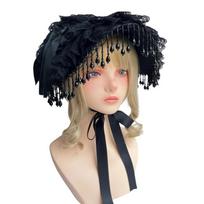Gothic Handmade Lace Bonnet With Black Bowknot and Fringed Trim Design Adjustable Tie Headpiece For Women Cosplay Event 1 beige