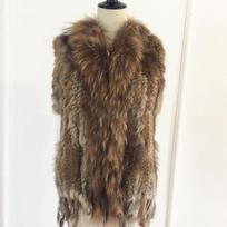 Women's Fur Knitted Vest Raccoon Fur Trim Collar Gilet Lady Fashion Waistcoat For Autumn Winter S black