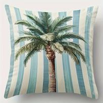 1Pc Blue And White Striped Palm Tree Throw Pillow Cover, Suitable For Sofa, Bedroom, A Fresh Gift For Vacation Style Lovers. Linen 35*35(CM)-1Pcs