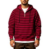 Men's Striped Half Zip Hoodie Long Sleeve Drawstring Hooded Sweatshirt with Front Pocket Casual Streetwear Pullover M raudona