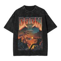 Classic FPS Game DOOM Peripherals Graphic Print T-shirts Vintage Washed Streetwear Harajuku Cotton Tops Men Women Tee S brown