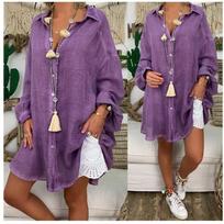 Womans Vintage Button Down Shirt Loose Casual Long Sleeve Blouse Summer Linen Cottons Female Soid Tops Plus Size Long Section S violetinė