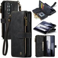 Odinė piniginė su užtrauktuku ir telefono dėklas, skirtas Samsung Galaxy Z Fold 8 Ultra 7 6 5 4 5G Fold7, su dirželiu, piniginės kortelės laikiklio dangtelis Etui Galaxy Z Fold 8 juoda
