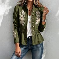Women's Loose Fit Denim Cardigan Shirt with Floral Crochet and Lapel Collar S žalia