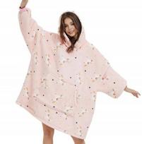 Comfy Oversized Blanket Hoodie, Warm, Unicorn Pattern, Pink white