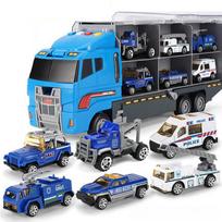 Didelis muzikos ir šviesų konteinerinis sunkvežimis žaislas Vaikų modeliavimo statybos transporto priemonių rinkinys su 6 vnt. lydinio automobilio žaislo modeliu blue